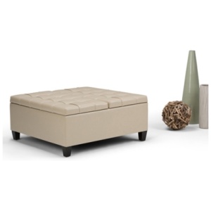 Harrison 36 inch Wide Transitional Square Coffee Table Storage Ottoman in Satin Cream Faux Leather