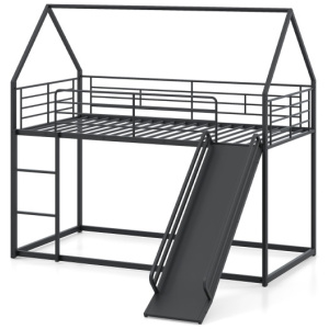 House-shaped Metal Twin Over Twin Low Bunk Bed-Black