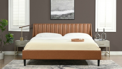 Jennifer Taylor Aspen Vertical Tufted Headboard Platform King Bed, Caramel Tan Brown