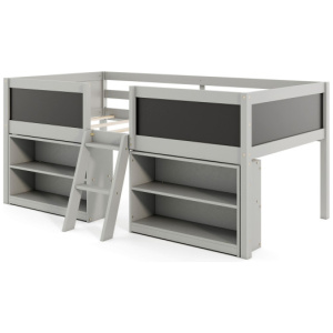 Kid Twin Size Low Loft Bed with Chalkboard Ramp Ladder and Bookcases-Gray