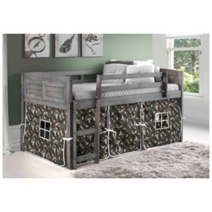 Kids Louvered Twin Low Loft Bed With Tent, Antique Gray/Green/Brown