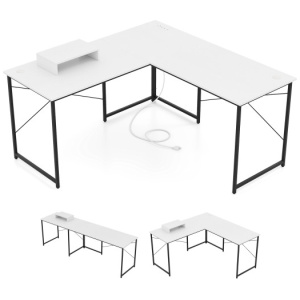 L-Shaped Computer Desk with Power Outlets and Monitor Shelf-White