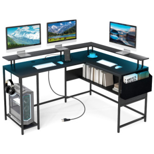 L-Shaped Gaming Desk with LED Lights and Power Outlets Home Office Computer Desk-Black