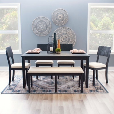 Linon Jocey Dining Table and 4 Chairs and Bench Set, Black