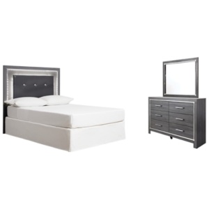 Lodanna Full Upholstered Panel Headboard Bed with Mirrored Dresser, Gray