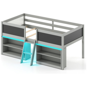 Low Loft Bed with LED Lights Kid's Cabin Bed with Bookcases-Gray