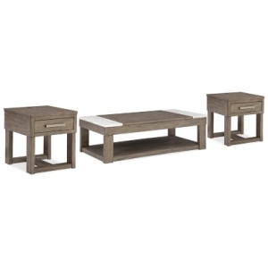 Loyaska Coffee Table with 2 End Tables, Grayish Brown/White