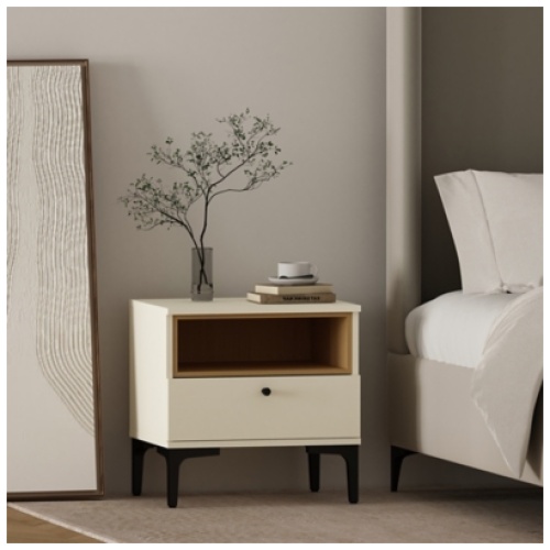 Manhattan Comfort Amara 20" 1 Drawer Nightstand, Cream/Natural Oak