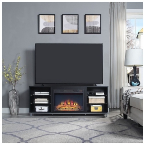 Manhattan Comfort Brighton 60" TV Stand with Electric Fireplace, Onyx