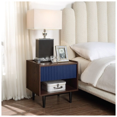 Manhattan Comfort Duane Ribbed 1-Drawer Nightstand, Dark Brown/Navy Blue