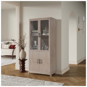 Manhattan Comfort Jodie 68" Bookcase With Tempered Glass Doors, White Washed Oak