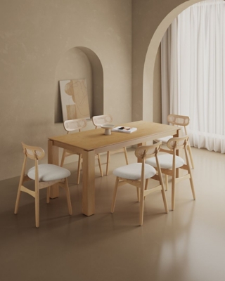 Manhattan Comfort Rockaway and Colbert Dining Table and 6 Chairs, Natural/Oatmeal