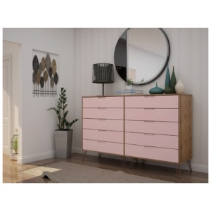 Manhattan Comfort Tall 70" 10 Drawer Dresser, Natural/Rose Pink