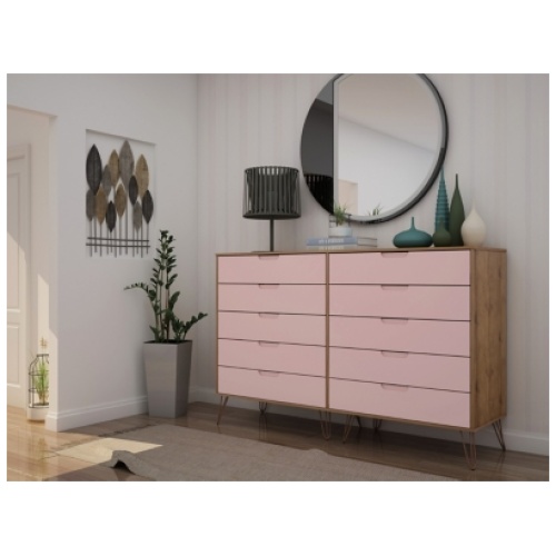 Manhattan Comfort Tall 70" 10 Drawer Dresser, Natural/Rose Pink