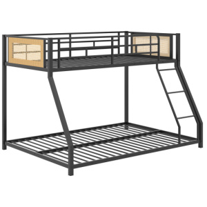 Metal Bunk Bed Twin Over Full with Full Length Safety Guardrail and Ramp Ladder-Black