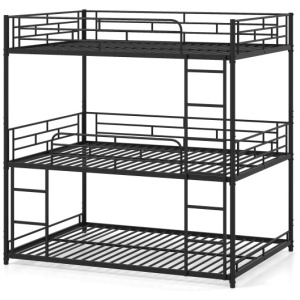 Metal Triple Bunk Bed with Safety Guardrails and 2 Ladders-Black
