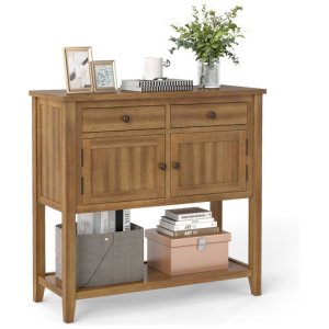 Mid-Century Console Table Wood Coffee Bar Buffet Sideboard with 2 Drawers-Walnut