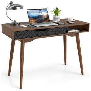 Mid-Century Modern Computer Desk with Drawer and Open Compartment-Brown
