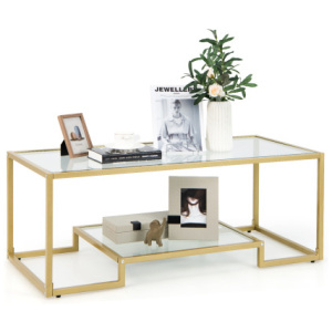 Modern 2-Tier Rectangular Coffee Table with Glass Table Top-Golden