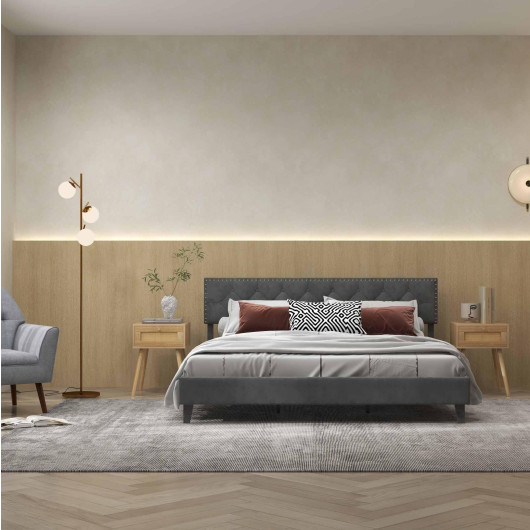 Modern 3-Piece Bedroom Furniture Set with Upholstered Queen Bed, 2 Rattan Nightstands and 3-Globe Floor Lamp