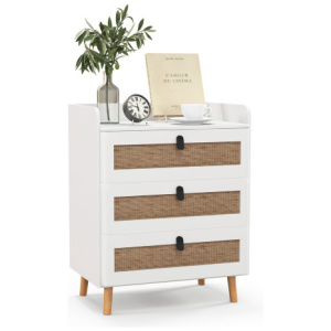 Modern End Table with 3 Rattan Decorated Drawers-White