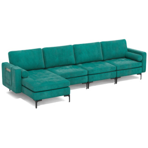Modular L-shaped 4-Seat Sectional Sofa with Reversible Chaise and 2 USB Socket-Teal