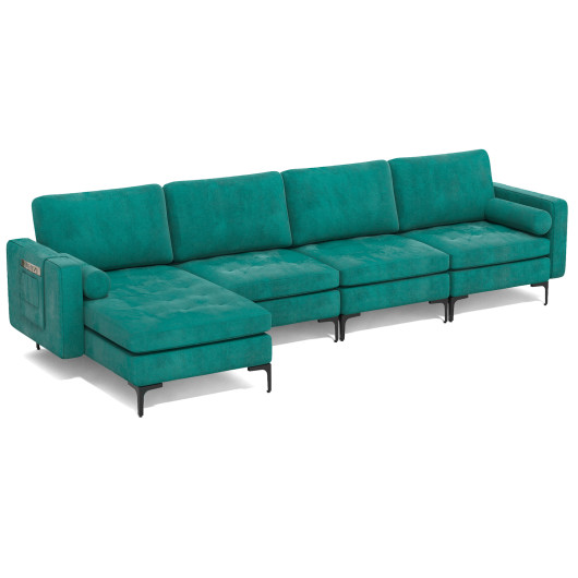 Modular L-shaped 4-Seat Sectional Sofa with Reversible Chaise and 2 USB Socket-Teal