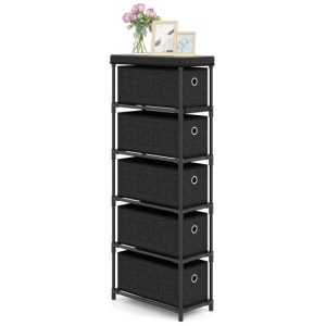 Narrow Dresser with 5 Drawers Slim Storage Tower with Metal Frame-Black