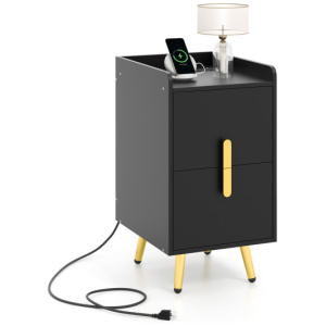 Nightstand Side Tables with 2 Drawers and 2 USB Ports-Black