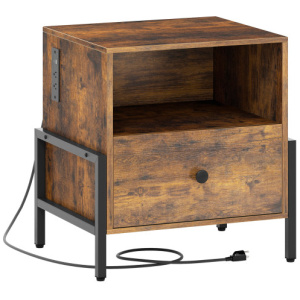 Nightstand with Charging Station and Drawer Sofa Side Table-Rustic Brown