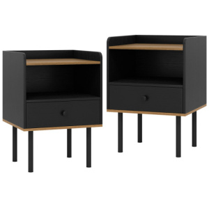 Nightstand with Drawer 3-Tier Sofa Side Table with Open Storage Shelf Set of 2-Black