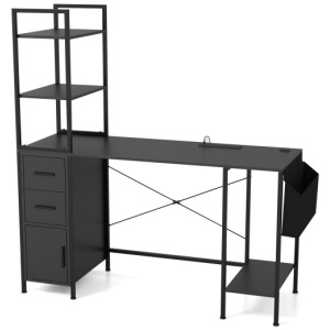 Office Desk with LED Lights and Power Outlets Computer Desk with Open Shelves-Black