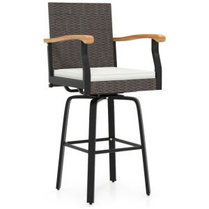 One Outdoor 360° Swivel Bar Stool with Cushion and Acacia Wood Armrests
