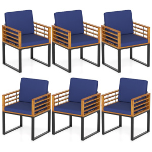 Outdoor Acacia Wood Patio Dining Chairs Set of 6 with Seat Back Cushions-Navy