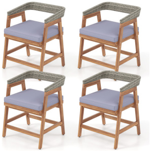 Outdoor Acacia Wood Patio Wicker Dining Chairs Set of 4 with Seat Cushion-Gray