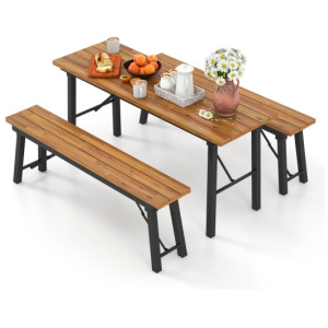 Outdoor Dining Table and Bench Set with Acacia Wood Top for Yard Garden Poolside