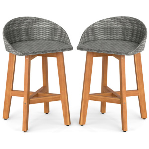 Outdoor Faux Rattan Bar Chairs Set of 2 with Ergonomic Backrests and Footrests-Gray