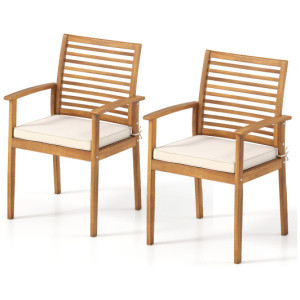 Outdoor Patio Dining Chairs Set of 2 with Removable Padded Cushion and Slatted Backrest-Beige