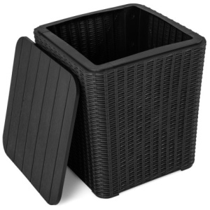 Outdoor Resin Storage Side Table with Removable Lid and Wicker-woven Accent-Black