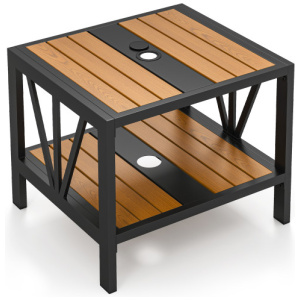 Outdoor Side Table with Umbrella Hole and Storage Shelf for Porch