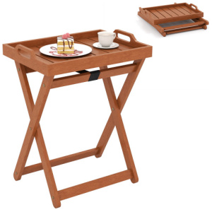 Outdoor Wood Tray Table Portable Side End Table with Folding Frame