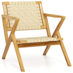 Outdoor and Indoor Teak Wood Patio Chair wuth Webbing Seat and Backrest-Natural