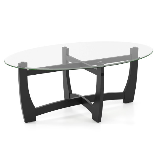 Oval Coffee Table with Tempered Glass Tabletop and Rubber Wood Legs-Black