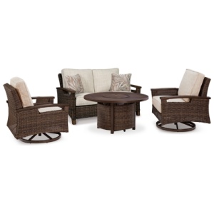 Paradise Trail Outdoor Loveseat and 2 Lounge Chairs with Fire Pit Table, Medium Brown