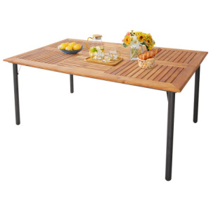 Patio Acacia Wood Dining Table with Umbrella Hole and Metal Legs