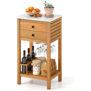 Patio Acacia Wood Storage Cabinet Patio Buffet Cabinet Bar Table with Faux Marble Countertop