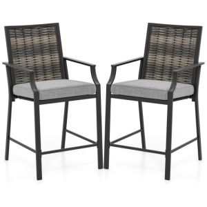 Patio Bar Stools Set of 2 Counter Height Rattan Bar Chairs with Armrest-Grey