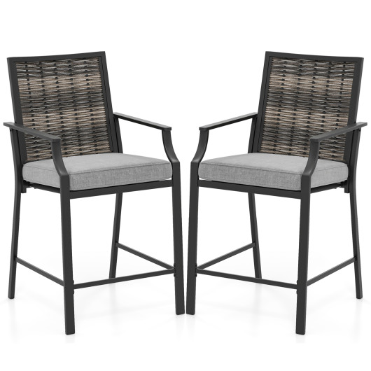 Patio Bar Stools Set of 2 Counter Height Rattan Bar Chairs with Armrest-Grey