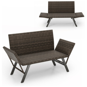 Patio Convertible Sofa for 2 Quick Dry Foam Padded Rattan with Armrests-Gray