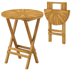 Patio Folding Side Table Teak Wood Round End Table with Slatted Tabletop and X-Shaped Frame